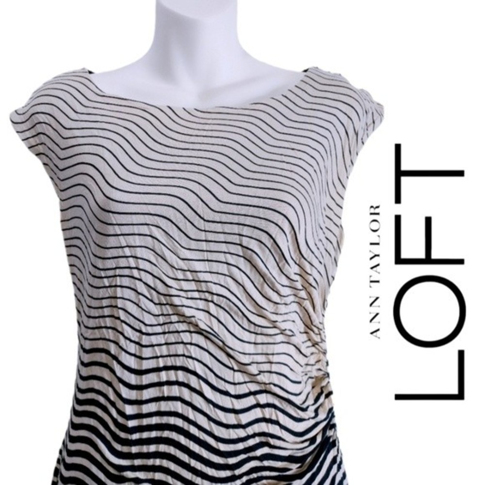 Loft Black and Cream Striped Knee Length Dress - Medium